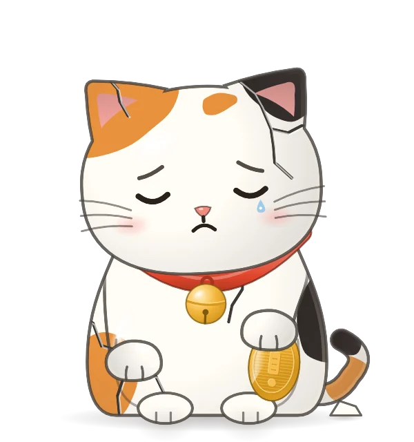 A calico lucky cat with cracks across its porcelain and a sad face.