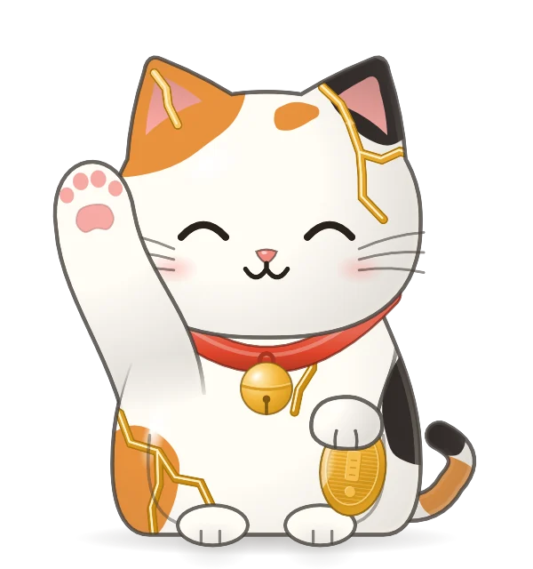 The same cat mended with gold seams, smiling again.