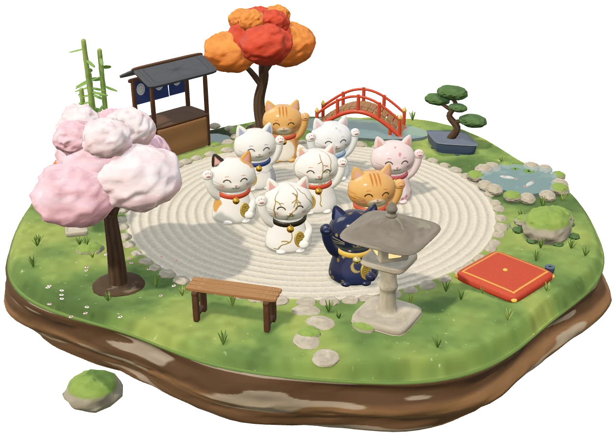 A floating island garden: porcelain lucky cats on raked sand, with a cherry tree, a red bridge, a stone lantern, a bonsai, and a koi pond.
